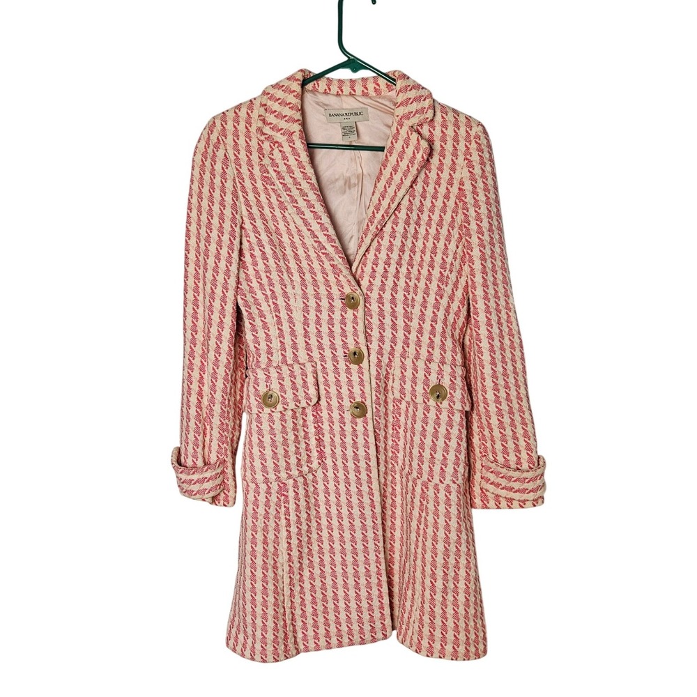 Banana Republic Y2K Pink Cream Houndstooth Tweed Trench Coat Womens Small Vtg.